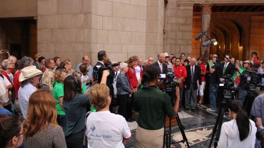Landowner supporters and media after Oral Arguments with Plaintiffs and Dave Domina

